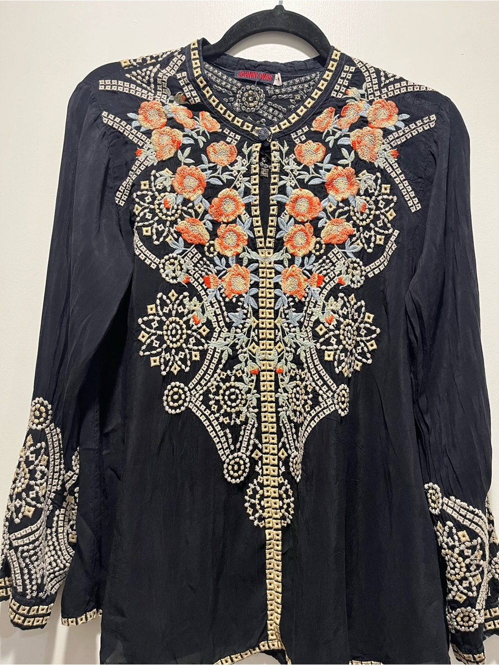 Johnny Was Black Tunic with Cream and Orange Floral Embroidery